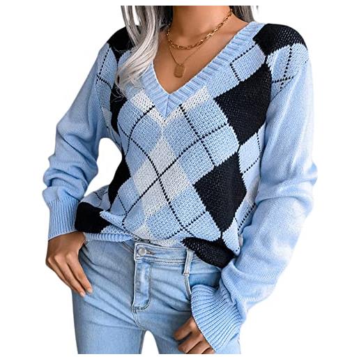 BriskyM maglione da donna con scollo a v manica lunga a rombi con diamanti a quadri pullover caldo outwear (s, blu)