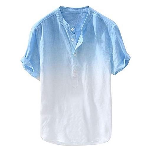 MakingDa camicia senza colletto sfumato da uomo estiva casual t shirt leggera traspirante magliette corte vintage henley maglietta blu m