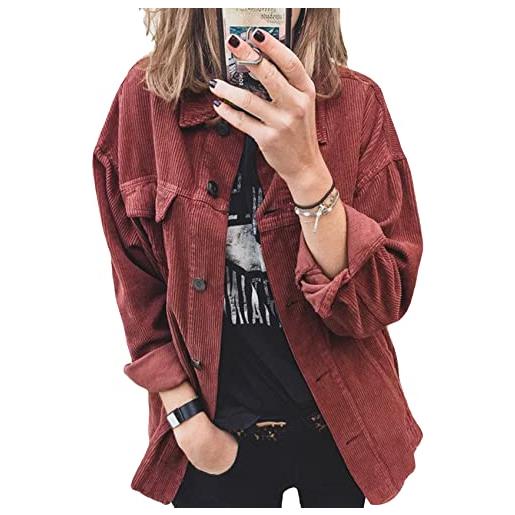 YMING donne vintage lapel shirt corduroy fashion jacket loose oversize cardigan rosso mattone s