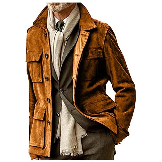 MANYMANY giacca in pelle scamosciata marrone da uomo giacche in pelle scamosciata vintage slim fit con tasche multiple cappotto in pelle scamosciata con bottoni
