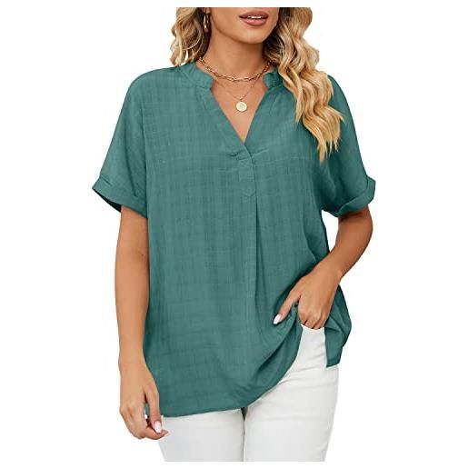 XUEQINGDE t-shirt scollo a v estiva elegante camicia casual tinta unita camicetta moda top taglie forti manica blusa abbigliamento donna