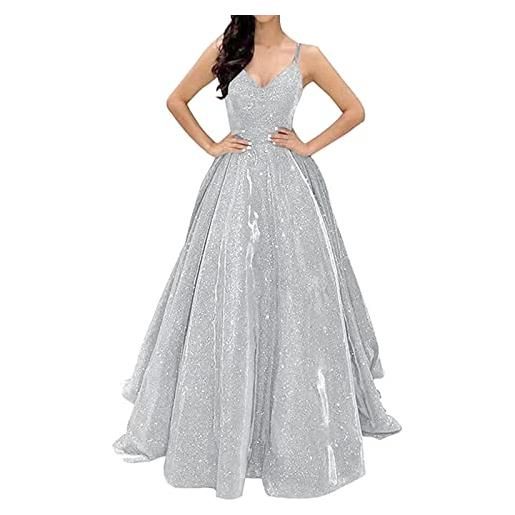 Briskorry abito da sera da donna, elegante, con scollo a v, maniche lunghe, da sposa, da sposa, da principessa, in tulle, linea ad a, lungo, con brillantini, sexy, da cocktail, da ballo, a-argento. , s