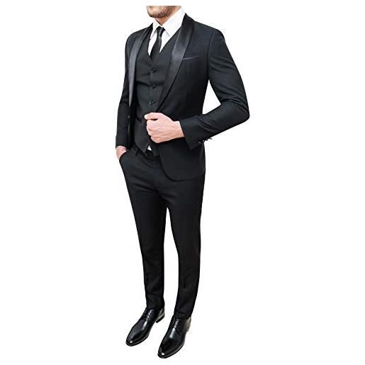 FB CLASS abito uomo sartoriale completo giacca pantaloni gilet cravatta nero raso lucido (52, nero)