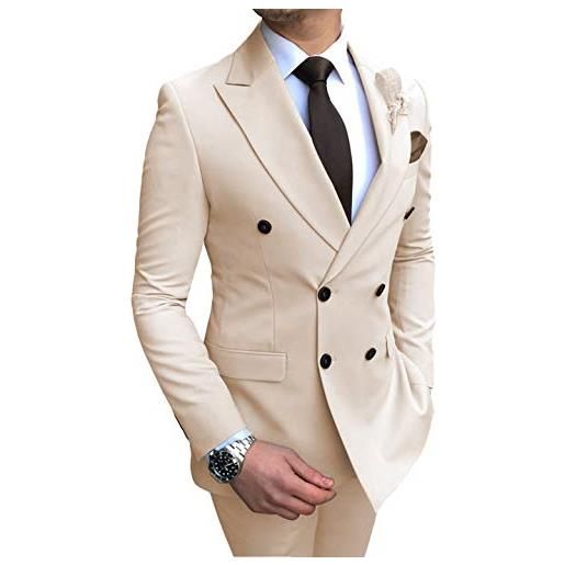Solove-Suit abito classico da uomo in 2 pezzi, doppiopetto, con risvolto a punta, smoking per matrimonio (blazer + pantaloni), beige, 36