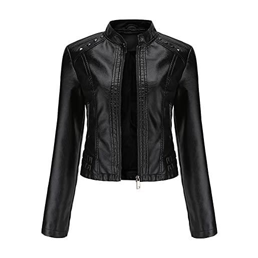 YYNUDA giacca in pelle con borchie corte da donna, tinta unita e maniche lunghe, stile moto biker, rosso, xl