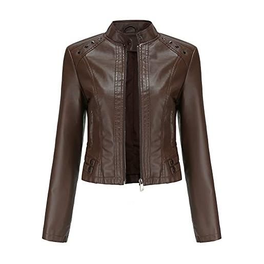 YYNUDA giacca in pelle con borchie corte da donna, tinta unita e maniche lunghe, stile moto biker, nero, s