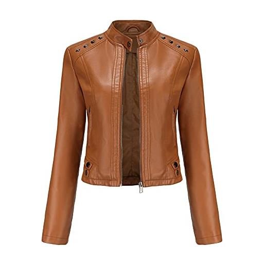 YYNUDA giacca in pelle con borchie corte da donna, tinta unita e maniche lunghe, stile moto biker, rosso, s