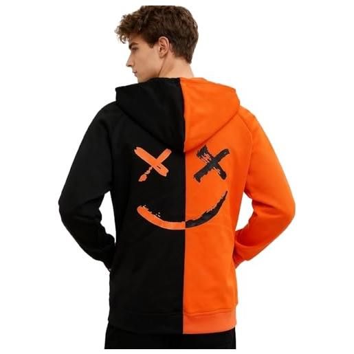 KENAIJING felpa con cappuccio e zip da uomo giacca con streetwear hip hop in cotone con stile di strada patchwork sweatshirt (arancione nero, m)