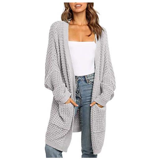 Uusollecy cardigan donna lungo in maglia grossa stile casual a nido d'ape con tasche cardigan donna invernale autunno, blu, l