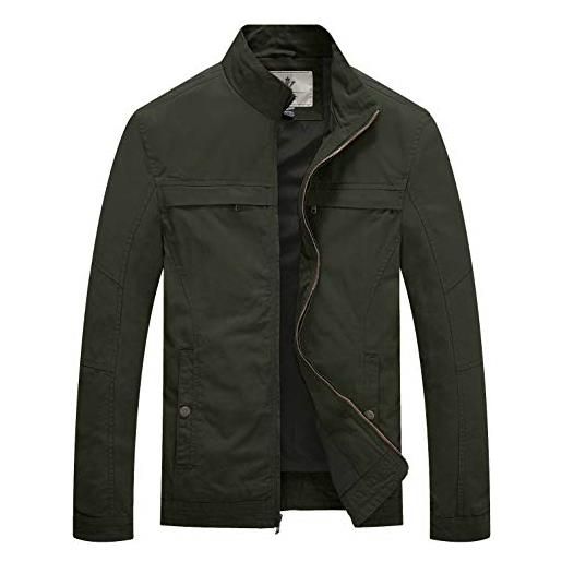 WenVen giacca classica in cotone giubbotto leggero autunnale cappotto con zip antivento giaccone tempo libero multitasche uomo verde militare l
