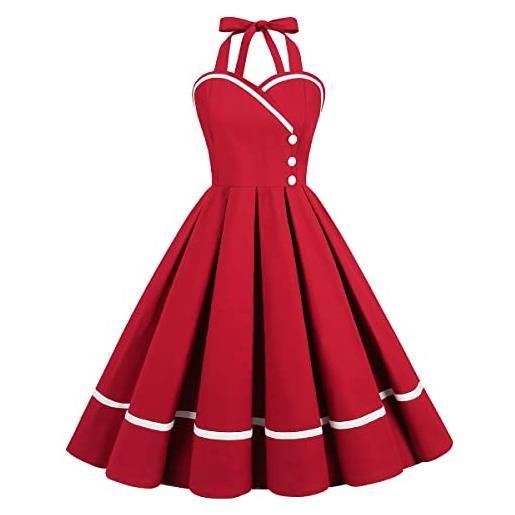 OBEEII audrey hepburn pin-up rockabilly swing abito da sera vintage anni 1950 a pois halter chic ed elegante, vino rosso, s