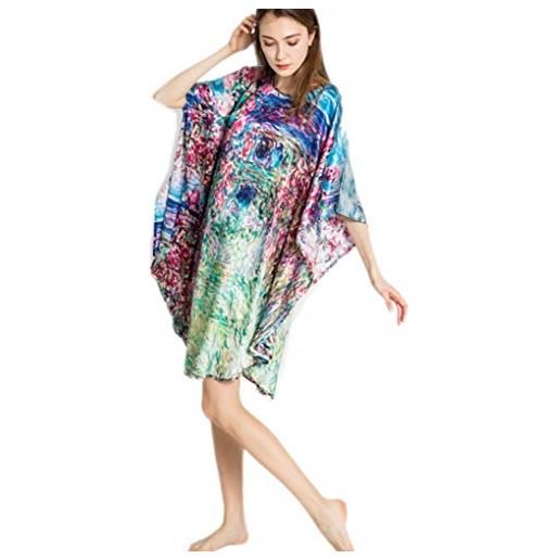 Prettystern donna 100% seta kimono vestaglia pigiama caftano camicia da notte lunga tunica stampe d'arte van gogh iridi ybp097