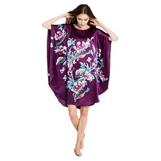 Prettystern donna 100% seta raso crepe kimono vestaglia pigiama caftano camicia da notte stampa d'arte floreale viola