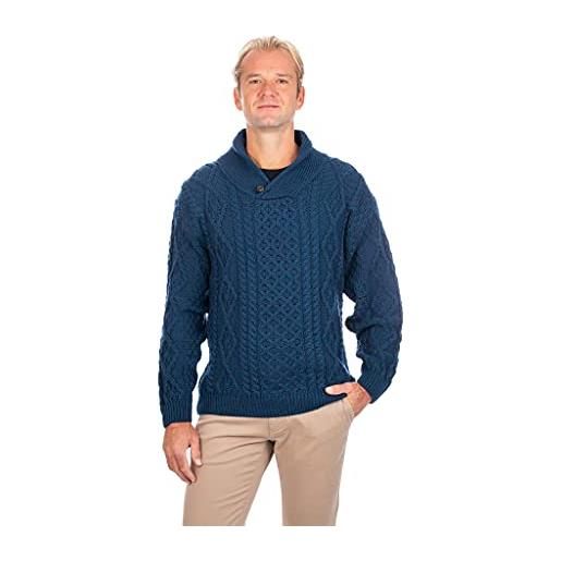 SAOL 100% lana merino irlandese aran collo sciallato maglione con bottone da uomo, in natura/blu atlantico, verde connemara, connemara verde. , l