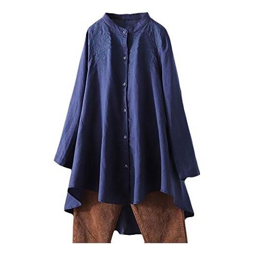 FTCayanz donna camicia elegante camicette manica lunga tunica camicia di lino marina militare xl