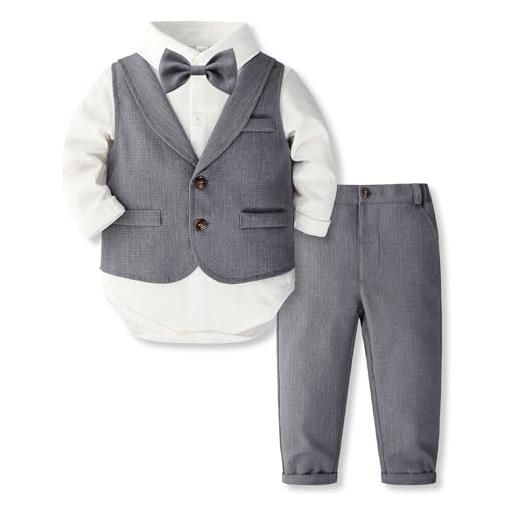 Volunboy completo elegante bambino camicie + papillon + gilet + pantaloni, ragazzo abbigliamento 4 pezzi gentleman cerimonia nozze(12-18 mesi, bianco-grigio, taglia 80)