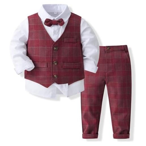Volunboy completo elegante bambino camicie + papillon + gilet + pantaloni, ragazzo abbigliamento 4 pezzi gentleman cerimonia nozze(3-4 anni, lino, taglia 110)