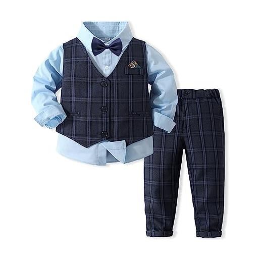 Volunboy completo elegante bambino camicie + papillon + gilet + pantaloni, ragazzo abbigliamento 4 pezzi gentleman cerimonia nozze(12-18 mesi, blu navy, taglia 80)