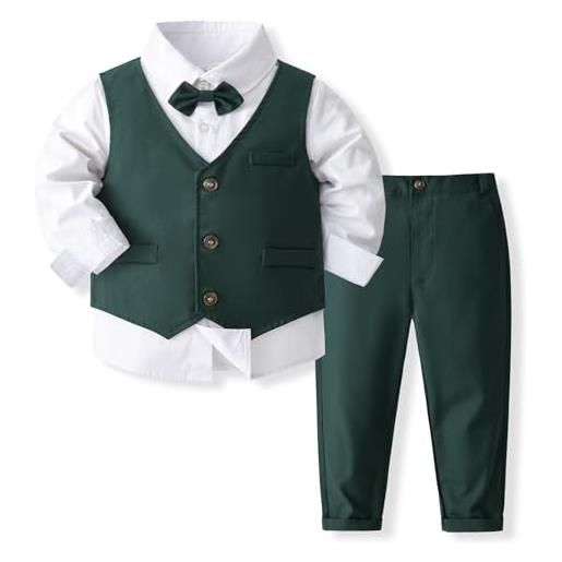 Volunboy completo elegante bambino camicie + papillon + gilet + pantaloni, ragazzo abbigliamento 4 pezzi gentleman cerimonia nozze(4-5 anni, lino, taglia 120)