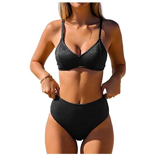 CUPSHE bikini set per donna costumi da bagno a due pezzi vita alta cinghie regolabili gancio posteriore scollo a v, nero, m