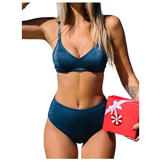 CUPSHE donna costume da bagno bikini a vita alta blu costume da bagno a due pezzi in tricot lucido, s
