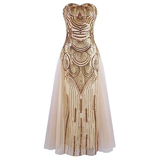 Angel-fashions abito da banchetto da donna senza spalline con paillettes a rete e lacci champagne oro 46
