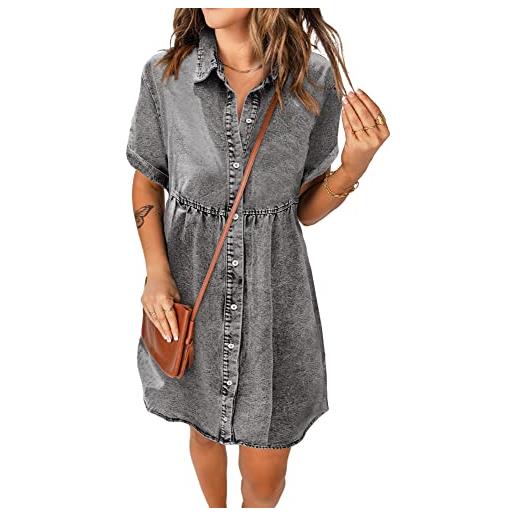Roskiky abito da donna casual manica corta bottone inferiore sfalsato denim babydoll jean, pekan marrone, l