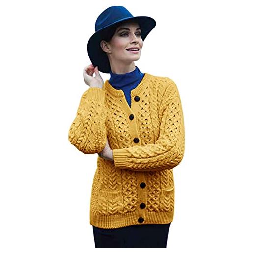 Aran Woollen Mills irish aran cardigan maglione da donna made in irlanda giacca in lana merino, giallo, s
