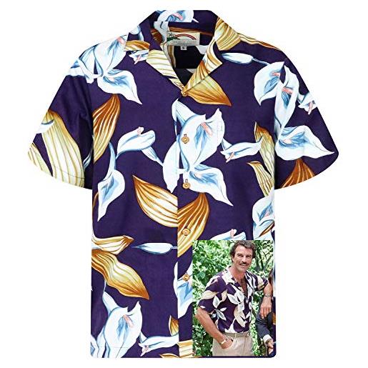 King Kameha camicia hawaiana originale da uomo, a maniche corte, con tasca frontale, stampa hawaiana magnum tom selleck, tom selleck star orchid nero, xxl