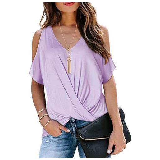 Ranphee maglia donna manica corta casual twist front camicia estive maniche a pipistrello scollo a v magliette spalle scoperte maniche t shirt viola chiaro xl