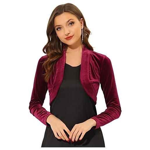 Allegra K cardigan da donna a maniche lunghe in velluto aperto sul davanti corto bolero coprispalle, rosa acceso, s