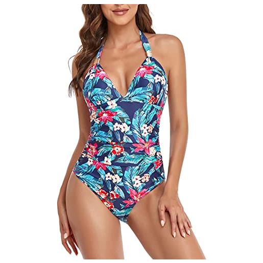 Ausla costumi interi da bagno donna halter scollo a v costume da bagno mare un pezzo sexy monokini controllo della pancia(s-nero)