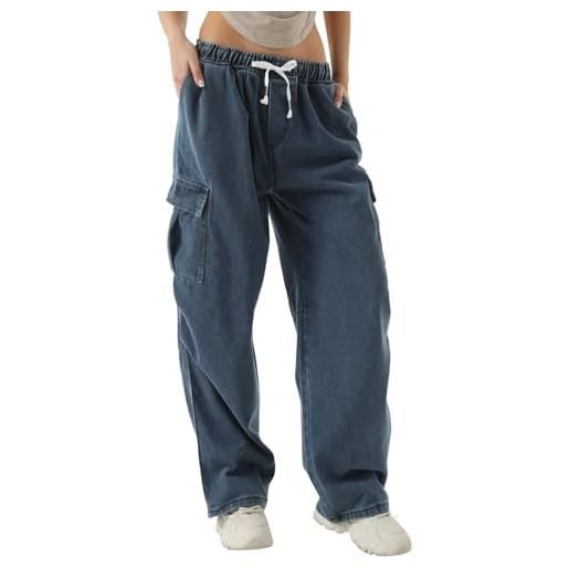 Xinor larghi jeans donna vita alta pantaloni cargo baggy con elastico in vita y2k pants wide leg con tasche streetwear casuali