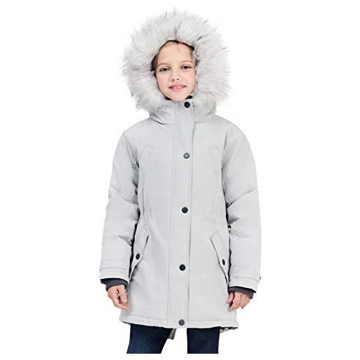 SOLOCOTE cappotti invernali per ragazze pesanti giacca calda di media lunghezza con colletto di pelliccia rimovibile con cappuccio, grigio, 9-10 anni