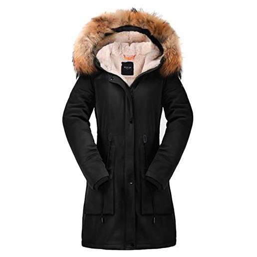 OROLAY parka invernale da donna foderato in pile addensato con cappuccio e collo in pelliccia rimovibile rosso ad alto rischio xl