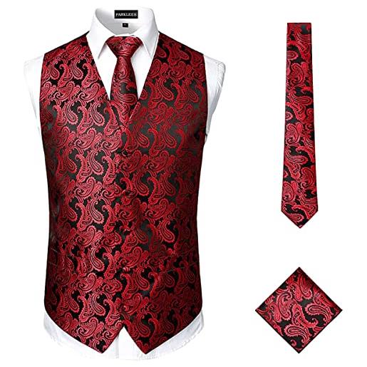 PARKLEES uomo classico 3pc paisley gilet cravatta tasca quadrata set matrimonio prom partito gilet per abito o smoking, rosso, s