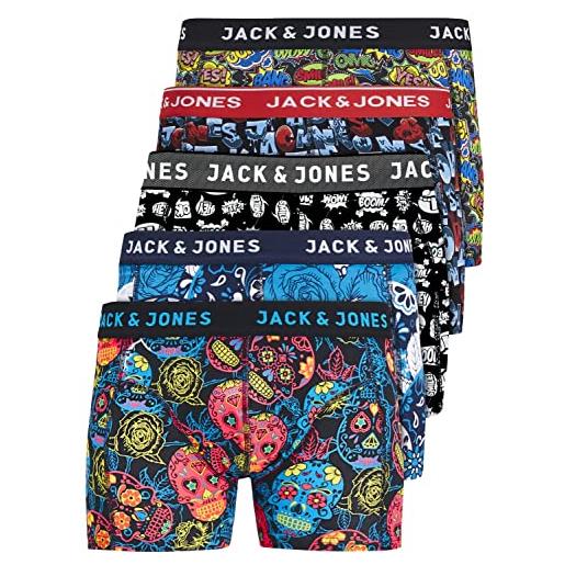 JACK & JONES set di 5 boxer da uomo, colore bianco, nero, blu, grigio, trunks 12204864, confezione da 5 pezzi mix 5, l