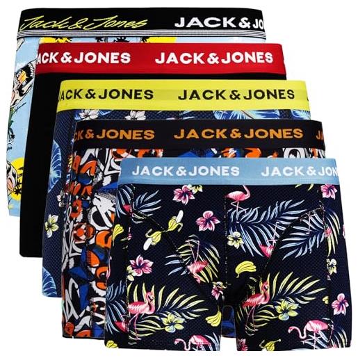 JACK & JONES set di 5 boxer da uomo, colore bianco, nero, blu, grigio, trunks 12204864, confezione da 5 pezzi mix 5, xxl