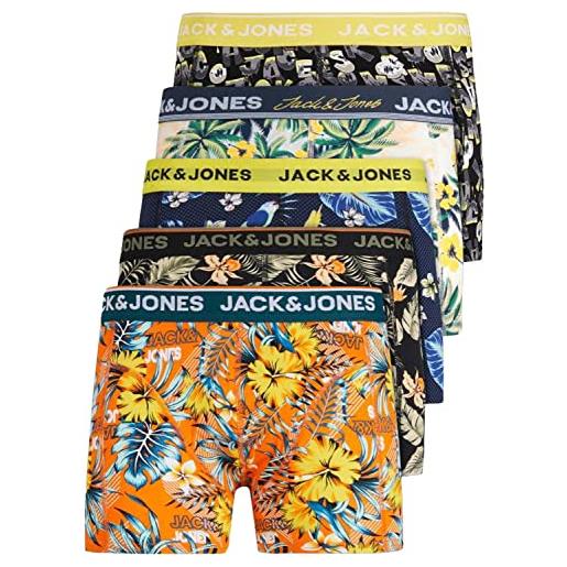JACK & JONES set di 5 mutande da uomo, colore bianco, nero, blu, grigio, pantaloncini trunks 95% cotone, s, m, l, xl, xxl, 12213221, confezione da 5 mix 4, xxl