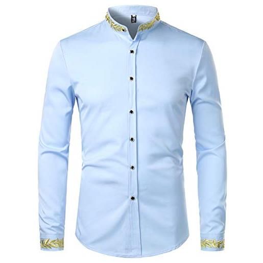 PARKLEES camicia da uomo hipster oro ricamo design grandad collare slim fit manica lunga abbottonatura abito camicie, plzhcl44-azzurro, s