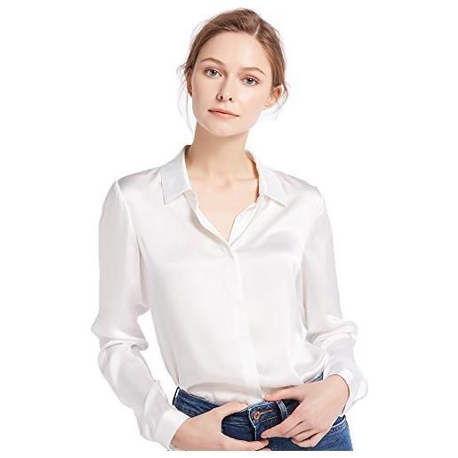 LilySilk - momme 22, camicia da donna in seta a maniche lunghe, per tutte le stagioni, scollo a v, stile casual bianco lucido l