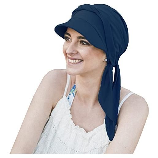 CAREBELL cappello amalfi con cinghie lunghe per alopea, perdita di capelli, cancro in tessuto di bambù, blu navy 08, taglia unica