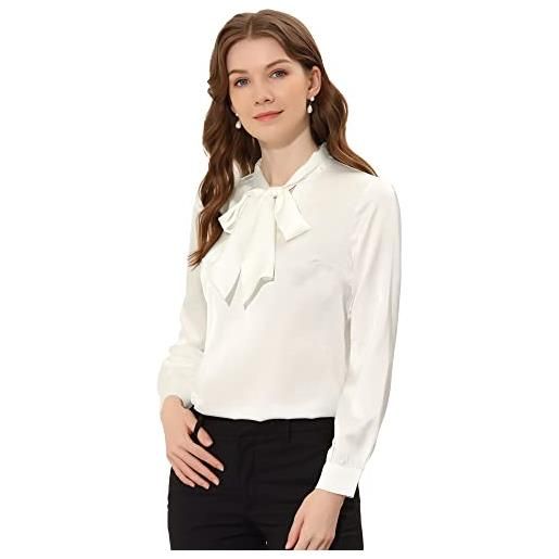 Allegra K camicia da donna in raso con fiocco e collo solido da lavoro, bianco, 48