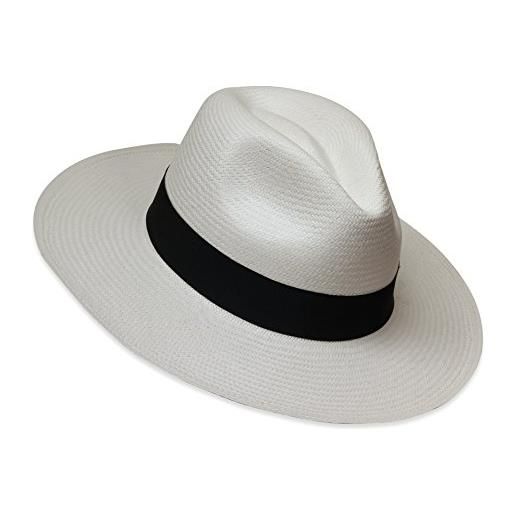 Tumia LAC - cappello panama fedora - versione non arrotolabile - bianco con banda nera - 56cm
