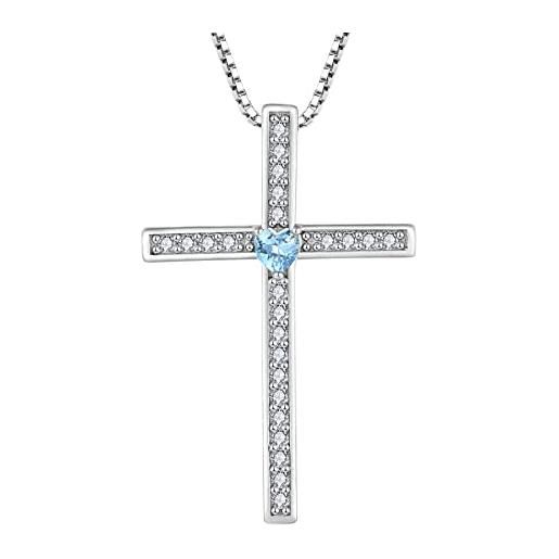 FJ collana croce donna argento 925 ciondolo con marzo pietra portafortuna acquamarina gioielli regalo per donna