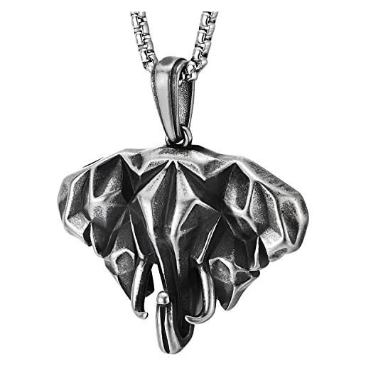 COOLSTEELANDBEYOND collana in acciaio per uomo e donna con pendente geometrico a testa di elefante poligonale astratto 3d, catena 75cm