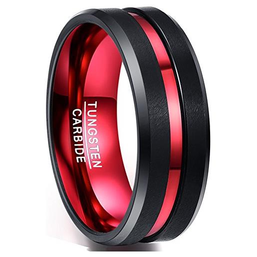 NUNCAD 8mm anello uomo donna nero + rosso con scanalatura, anello in carburo di tungsteno per matrimonio/stile di vita/moda, taglia (22)