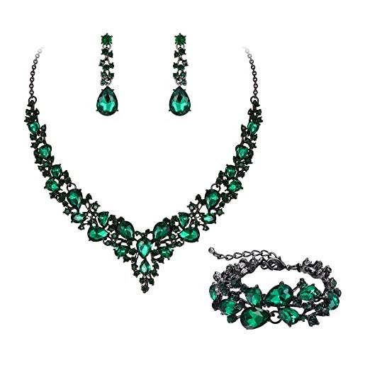 EVER FAITH gioielli da sposa per donna, collana a grappolo in cristallo austriaco, orecchini pendenti, bracciale a maglie, verde nero-fondo