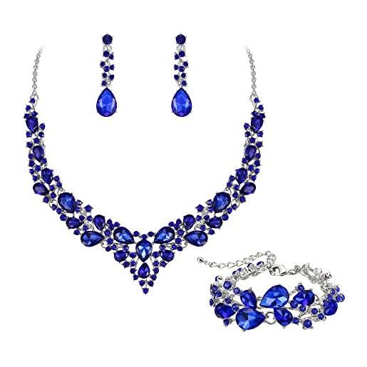 EVER FAITH gioielli da sposa per donna, collana a grappolo in cristallo austriaco, orecchini pendenti, bracciale con lacci blu argento fondo