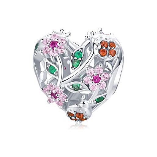 YOAME charm a forma di cuore, in argento sterling 925, con fiore rosa, compatibile con braccialetti pandora
